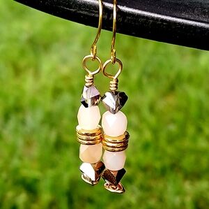 Handmade Glass Beaded Dangle Earrings, Cream & Gold Earrings